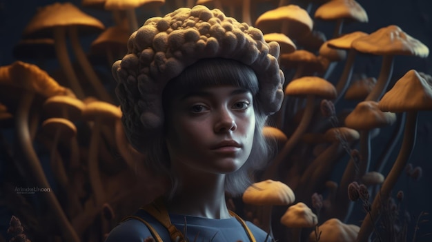 Uma garota de chapéu fica na frente de um monte de cogumelos.