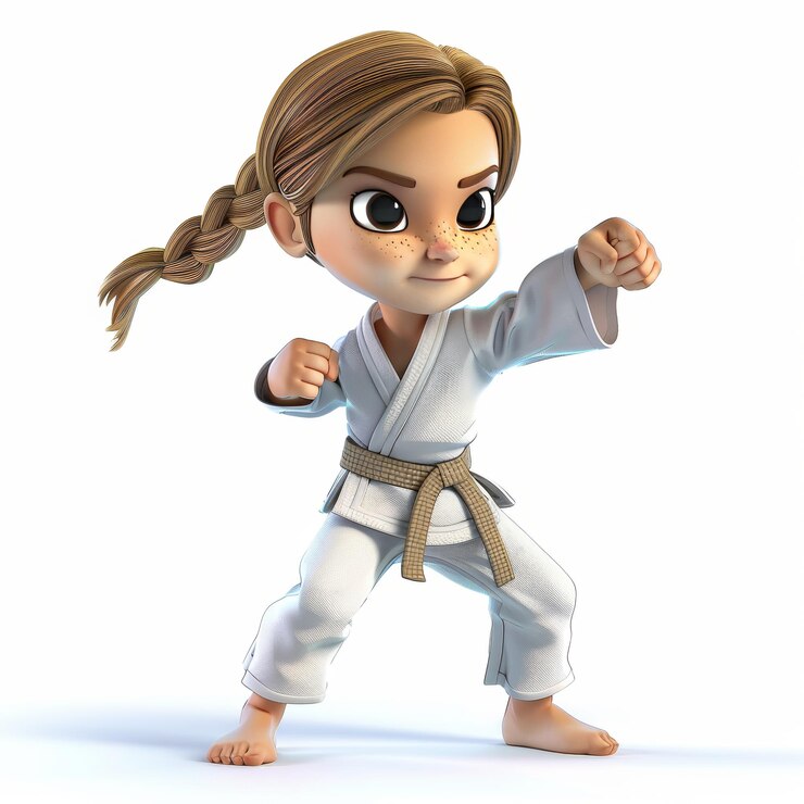 Foto uma garota de desenho animado 3d em um uniforme de karatê branco com um cinto castanho em uma postura de luta