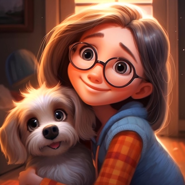 Uma garota de desenho animado abraçando seu cachorro Uma garota de ilustração e um cachorro