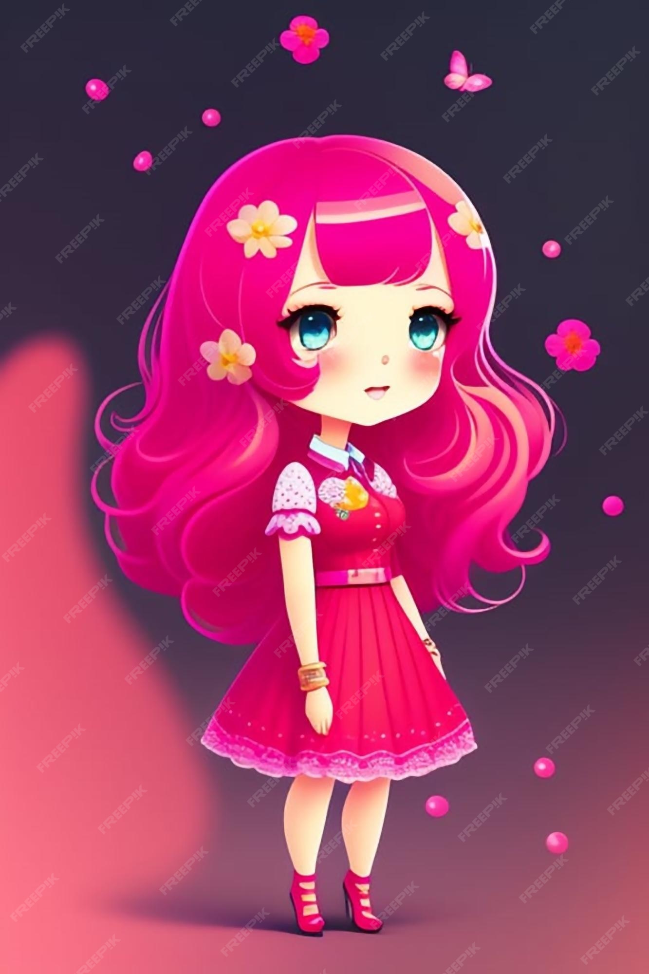 Cabelo longo rosa de menina bonita e bonita com desenho de boneca  ilustração de personagem de desenho animado 2294193 Vetor no Vecteezy