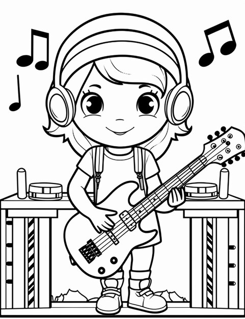 uma garota de desenho animado com fones de ouvido tocando violão e ouvindo música generativa ai