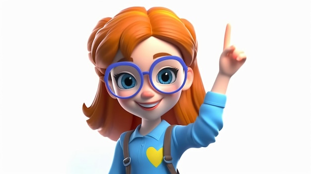 Uma garota de desenho animado com óculos e um suéter azul com um coração amarelo na frente.