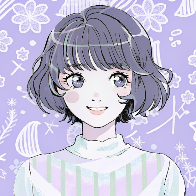 uma garota de desenho animado com olhos roxos e um suéter amarelo com uma flor nele