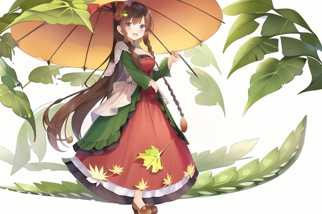 Uma garota de desenho animado com um guarda-chuva e folhas no rosto.