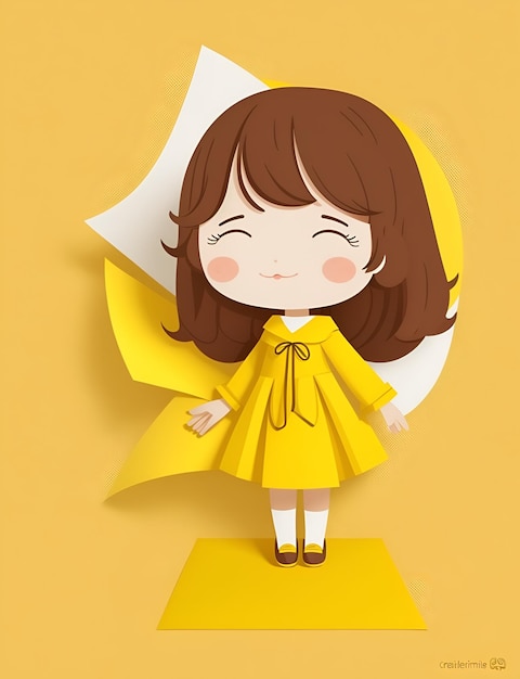 Uma garota de desenho animado com um vestido amarelo e um fundo amarelo
