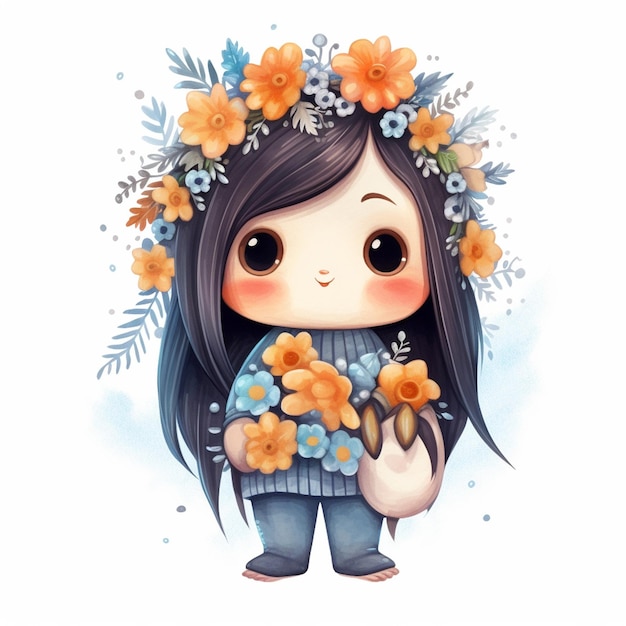 Uma garota de desenho animado com uma coroa de flores