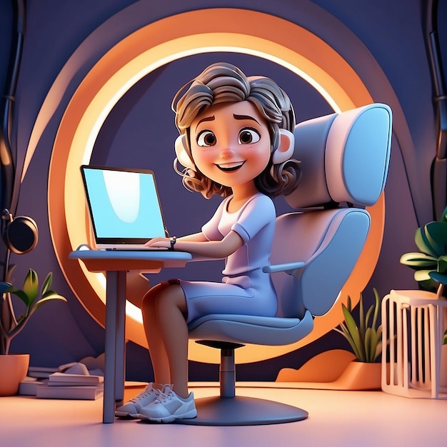 Foto uma garota de desenho animado em 3d usando um laptop