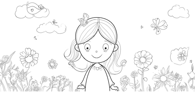 Foto uma garota de desenho animado em um campo de flores com borboletas