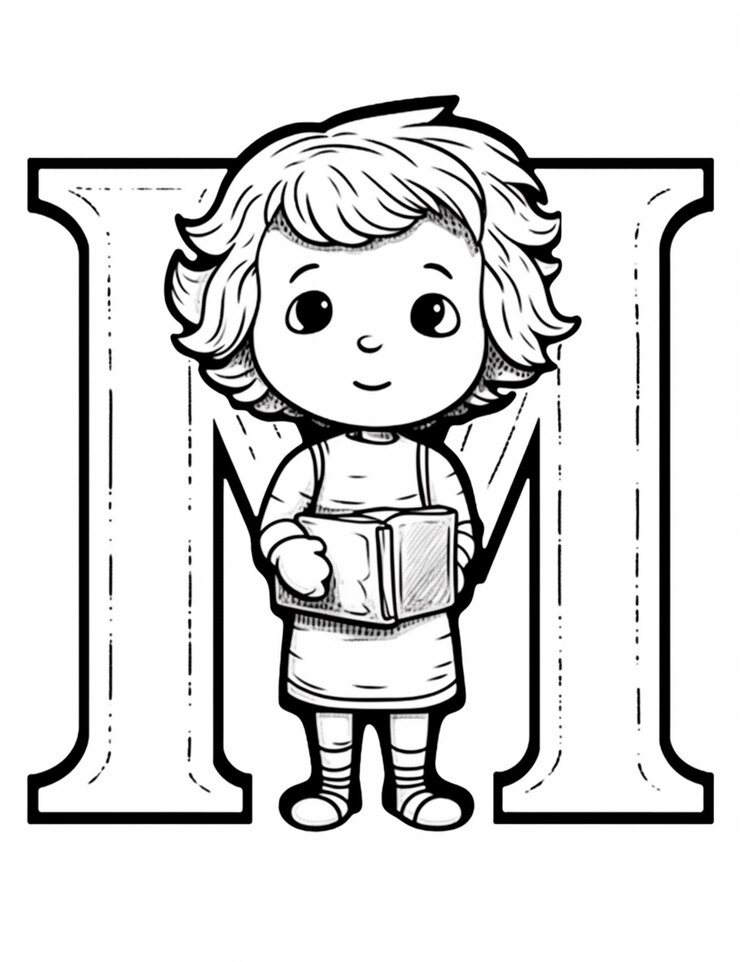 Foto uma garota de desenho animado segurando uma caixa em suas mãos e de pé na frente da letra m generative ai