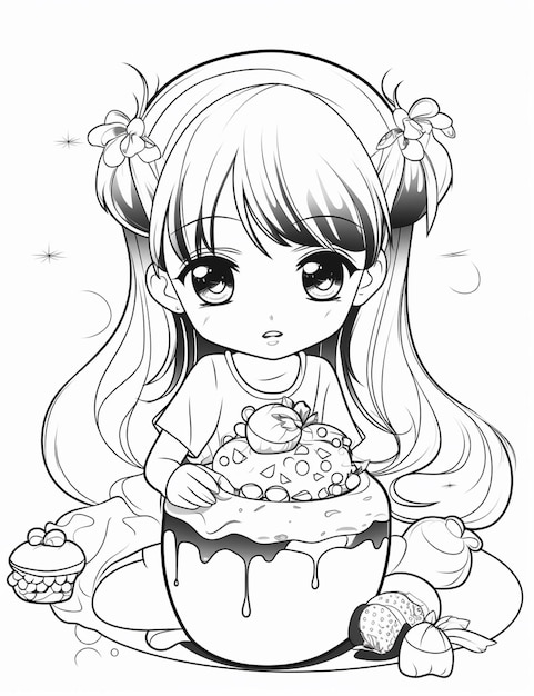 Uma garota de desenho animado sentada em uma panela com um bolo e cupcake generativo ai