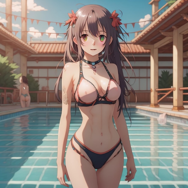 Uma garota de estilo anime com um biquíni em uma piscina Generative Ai