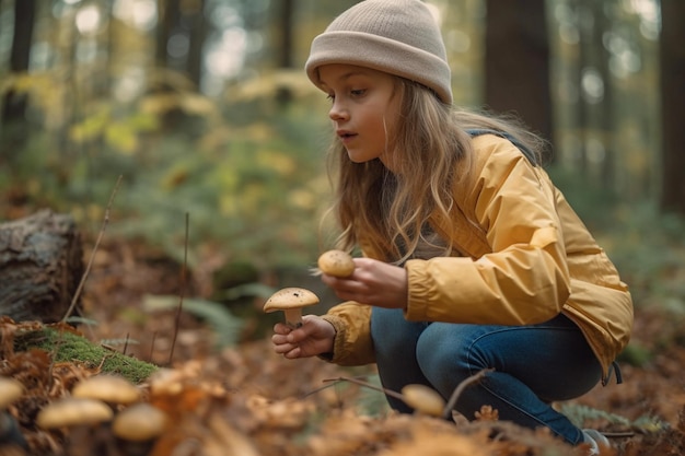 Uma garota de jaqueta amarela está colhendo cogumelos na floresta.