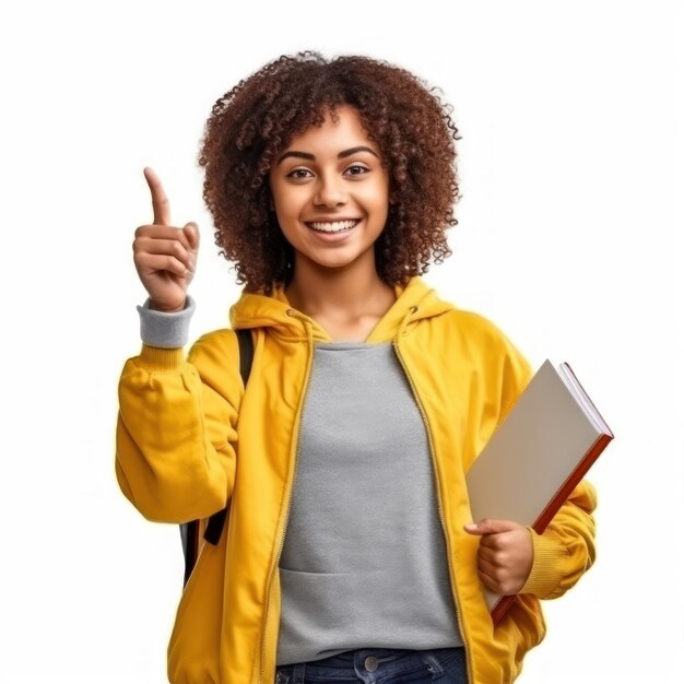 Foto uma garota de jaqueta amarela está segurando um livro e apontando para a câmera.