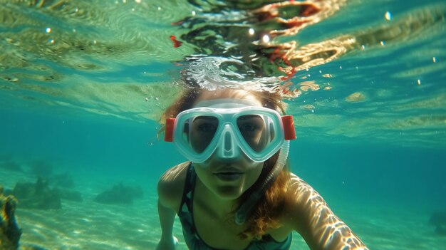 Uma garota de maiô e óculos nada debaixo d'água.