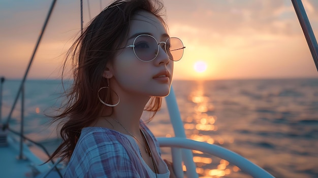 uma garota de óculos de sol em um iate ao pôr do sol