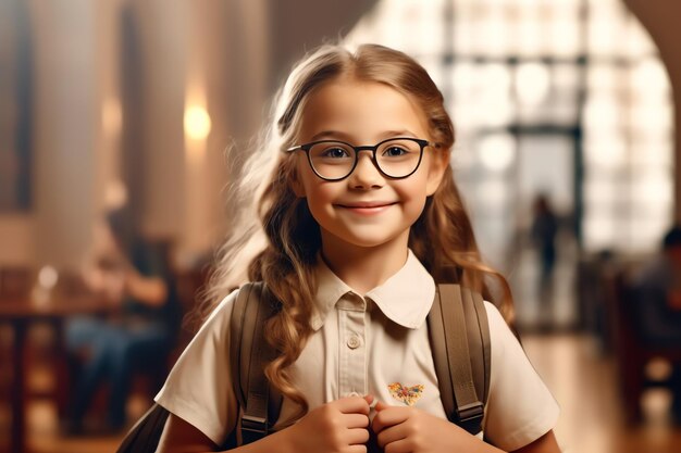 Uma garota de óculos e mochila sorri para a câmera