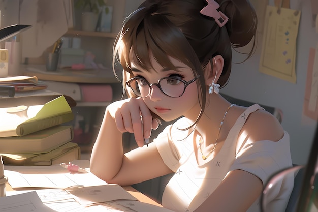 Uma garota de óculos está sentada em uma mesa em frente a um livro