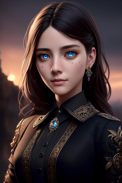 Uma garota de olhos azuis e uma jaqueta dourada e preta é mostrada em um retrato