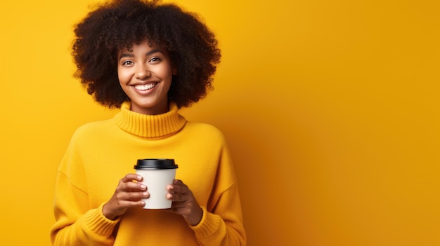 Uma garota de pele escura com cabelo afro segura um copo de papel com café quente Criado com a tecnologia Generative AI