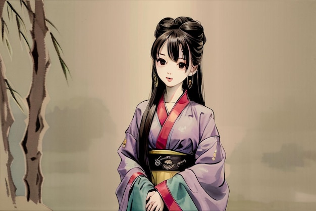 Uma garota de quimono com uma palmeira ao fundo