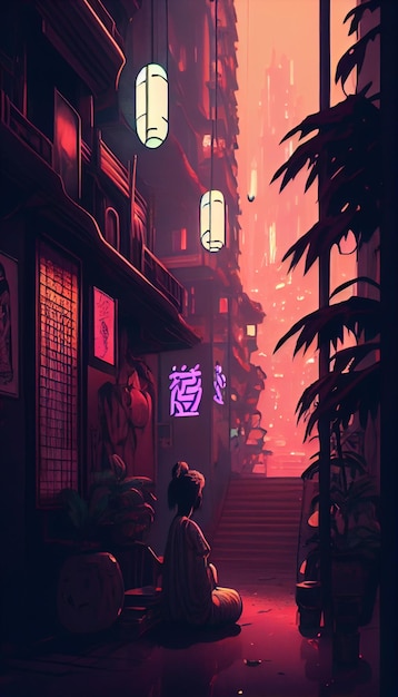 Uma garota de quimono fica em frente a um prédio com letras chinesas na lateral.