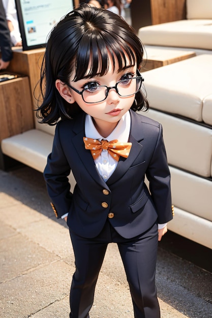 uma garota de terno e óculos está usando uma gravata borboleta