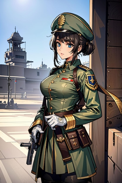 Uma garota de uniforme verde com uma arma