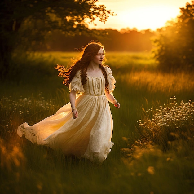 Uma garota de vestido amarelo corre por um campo de flores.