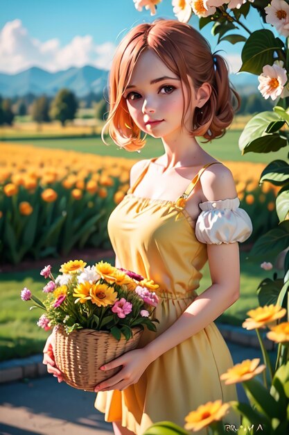 Uma garota de vestido amarelo segura uma cesta de flores na frente de um campo de flores.