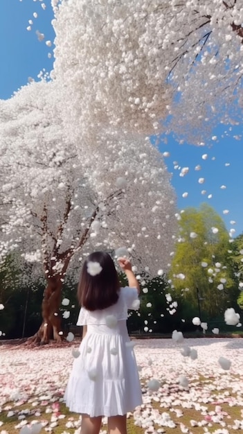 Uma garota de vestido branco joga pétalas brancas em uma árvore