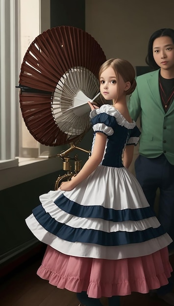 Uma garota de vestido com um leque ao fundo