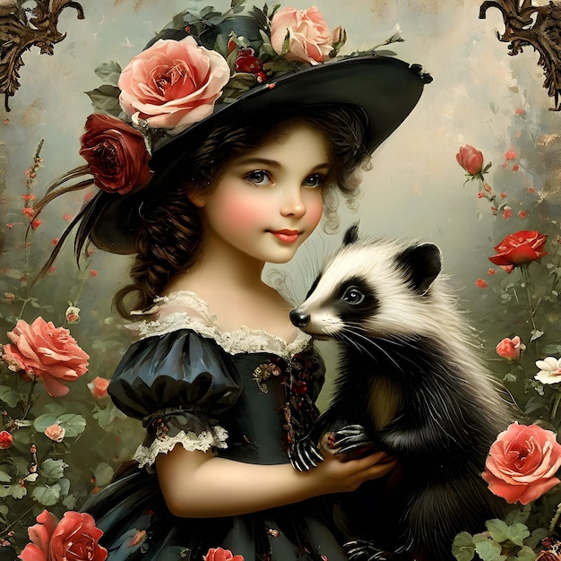 uma garota de vestido preto com um raccoon e um raccoon