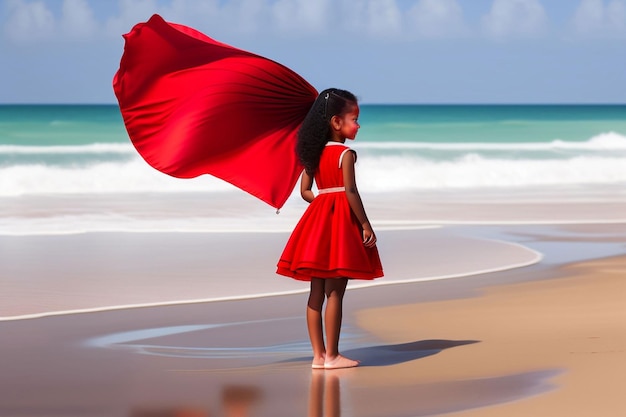 Uma garota de vestido vermelho fica em uma praia com um guarda-chuva vermelho.