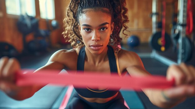 Uma garota determinada usando bandas de resistência para exercícios de glúteos