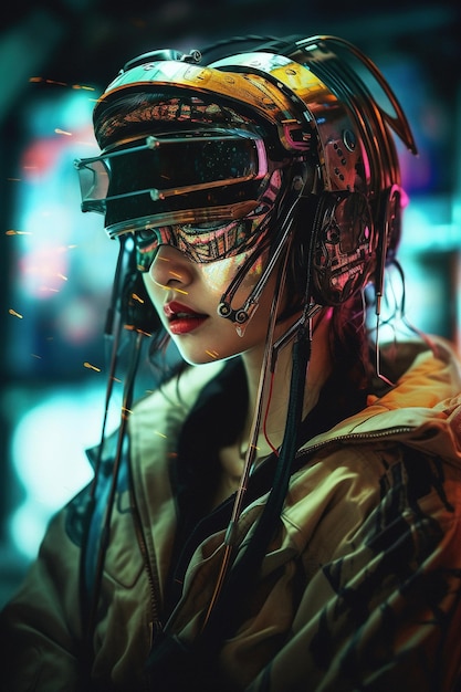 Uma garota do futuro Colorido brilhante e ressonante do futuro fantasia ficção científica Mulher em traje futurista Jogo de realidade aumentada tecnologia do futuro Conceito de IA VR