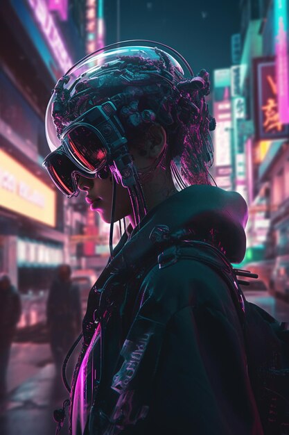 Uma garota do futuro Colorido brilhante e ressonante do futuro fantasia ficção científica Mulher em traje futurista Jogo de realidade aumentada tecnologia do futuro Conceito de IA VR