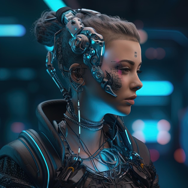 Uma garota do futuro Colorido brilhante e ressonante do futuro fantasia ficção científica Mulher em traje futurista Jogo de realidade aumentada tecnologia do futuro Conceito de IA VR