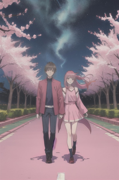 uma garota e um cara com um vestido rosa estão parados em uma fileira de cerejeiras em flor