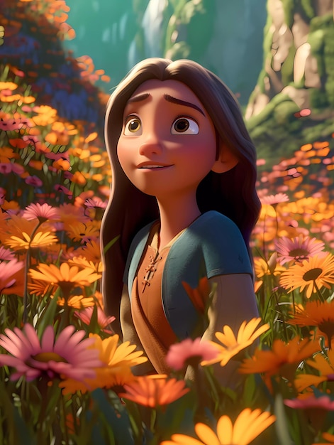 Foto uma garota em um campo de flores está olhando para o céu