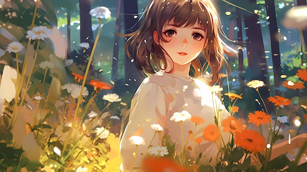 Uma garota em um campo de flores