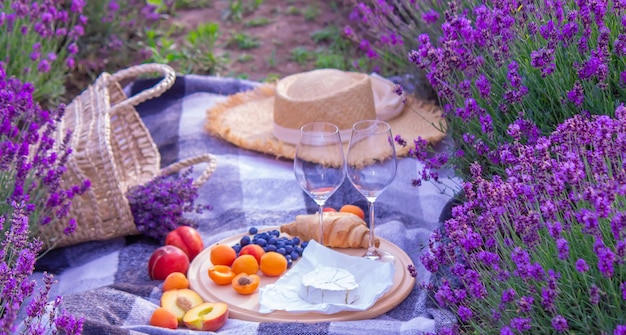 Uma garota em um campo de lavanda derrama vinho em um copo Relaxamento