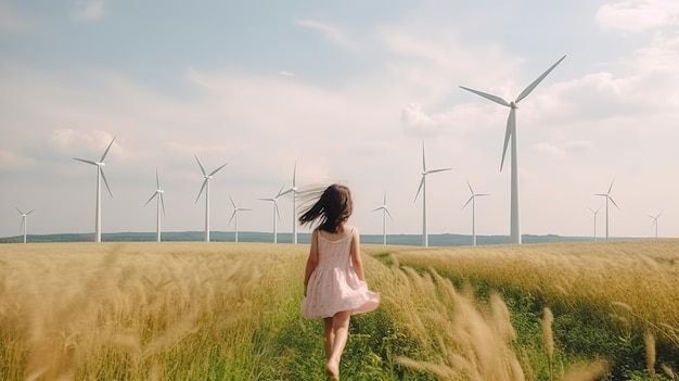 Uma garota em um campo de turbinas eólicas