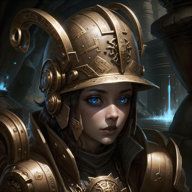 Uma garota em um capacete de ouro t