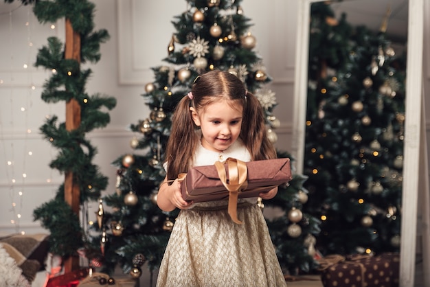 Uma garota em um lindo vestido com um presente nas mãos