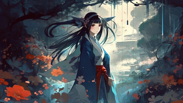 Uma garota em um quimono azul fica em uma floresta escura com flores no chão.