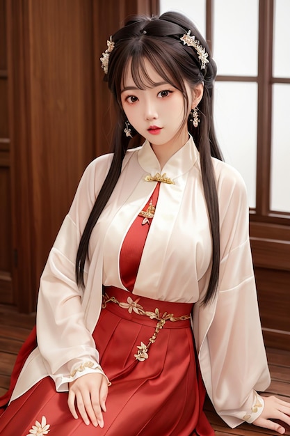 Uma garota em um quimono branco com a palavra hanfu na frente