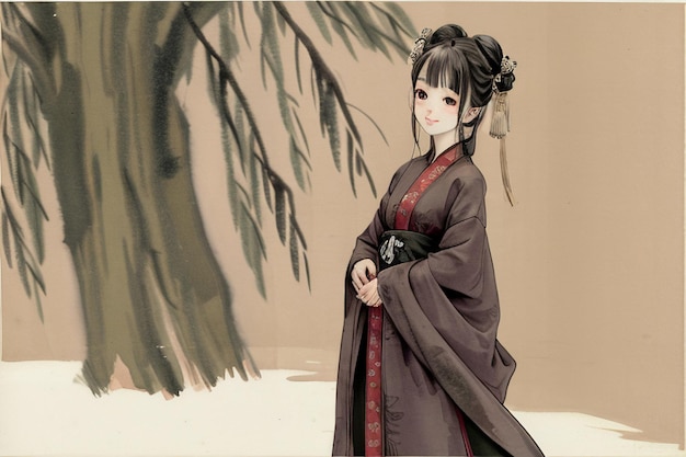 Uma garota em um quimono com uma árvore ao fundo