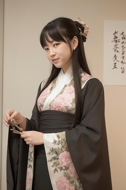 Uma garota em um quimono com uma flor na frente