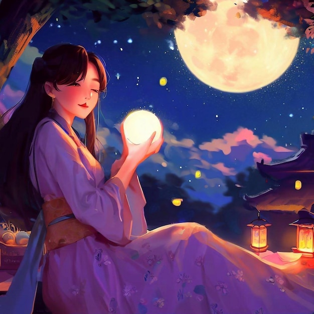 Uma garota em um quimono com uma lua ao fundo