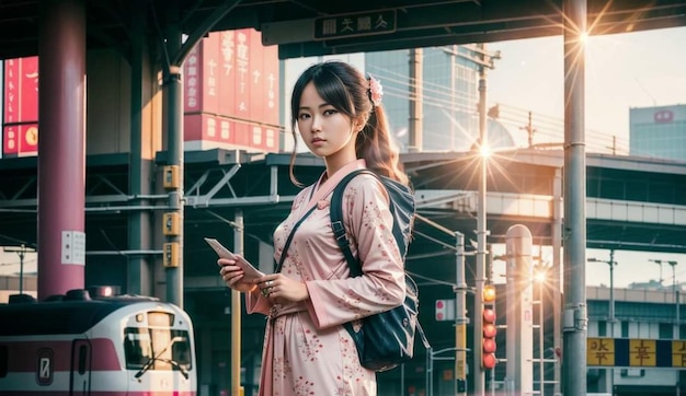 Uma garota em um quimono rosa está em uma estação de trem em frente a um prédio com as palavras 'trem'.